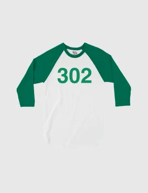 Squid Game: The Challenge Player Raglan Shirt [White/Kelly] - Player 302