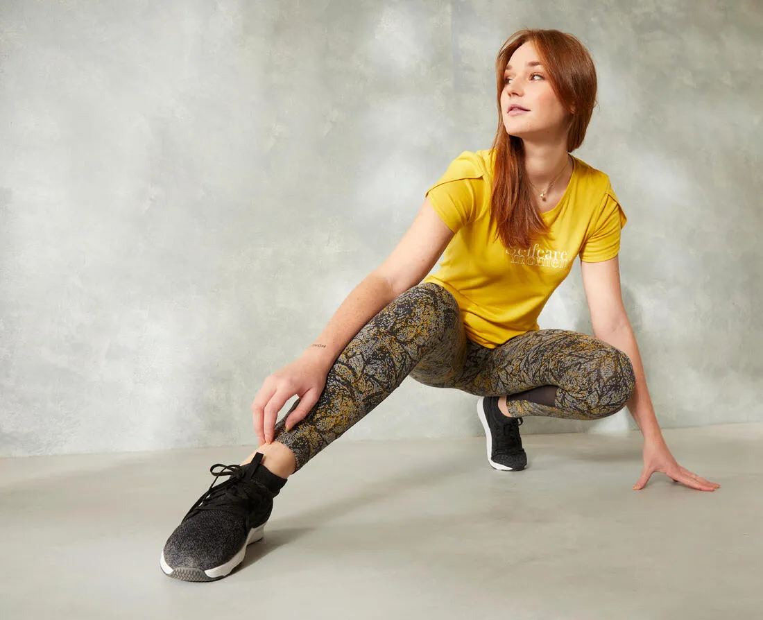 Stretchy High-Waisted Cotton Fitness Leggings with Mesh Print