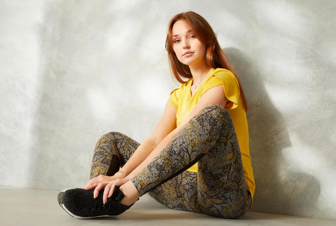 Stretchy High-Waisted Cotton Fitness Leggings with Mesh Print