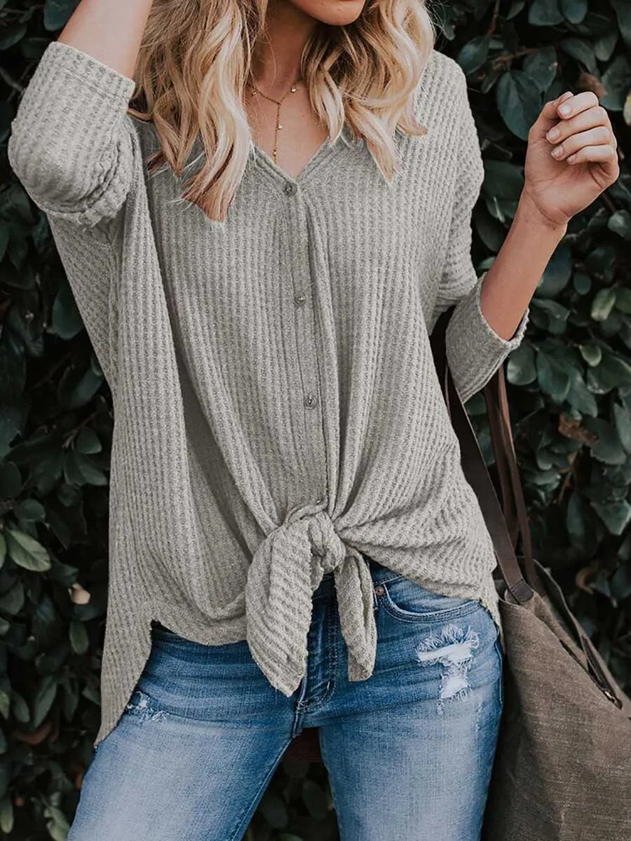 Stunncal Long Sleeve V-Neck Cardigan T-Shirt Bottom Shirt