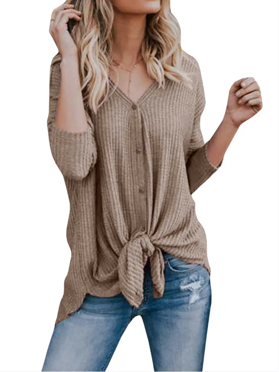 Stunncal Long Sleeve V-Neck Cardigan T-Shirt Bottom Shirt