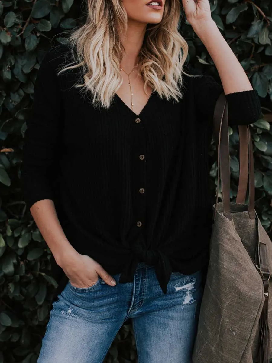 Stunncal Long Sleeve V-Neck Cardigan T-Shirt Bottom Shirt