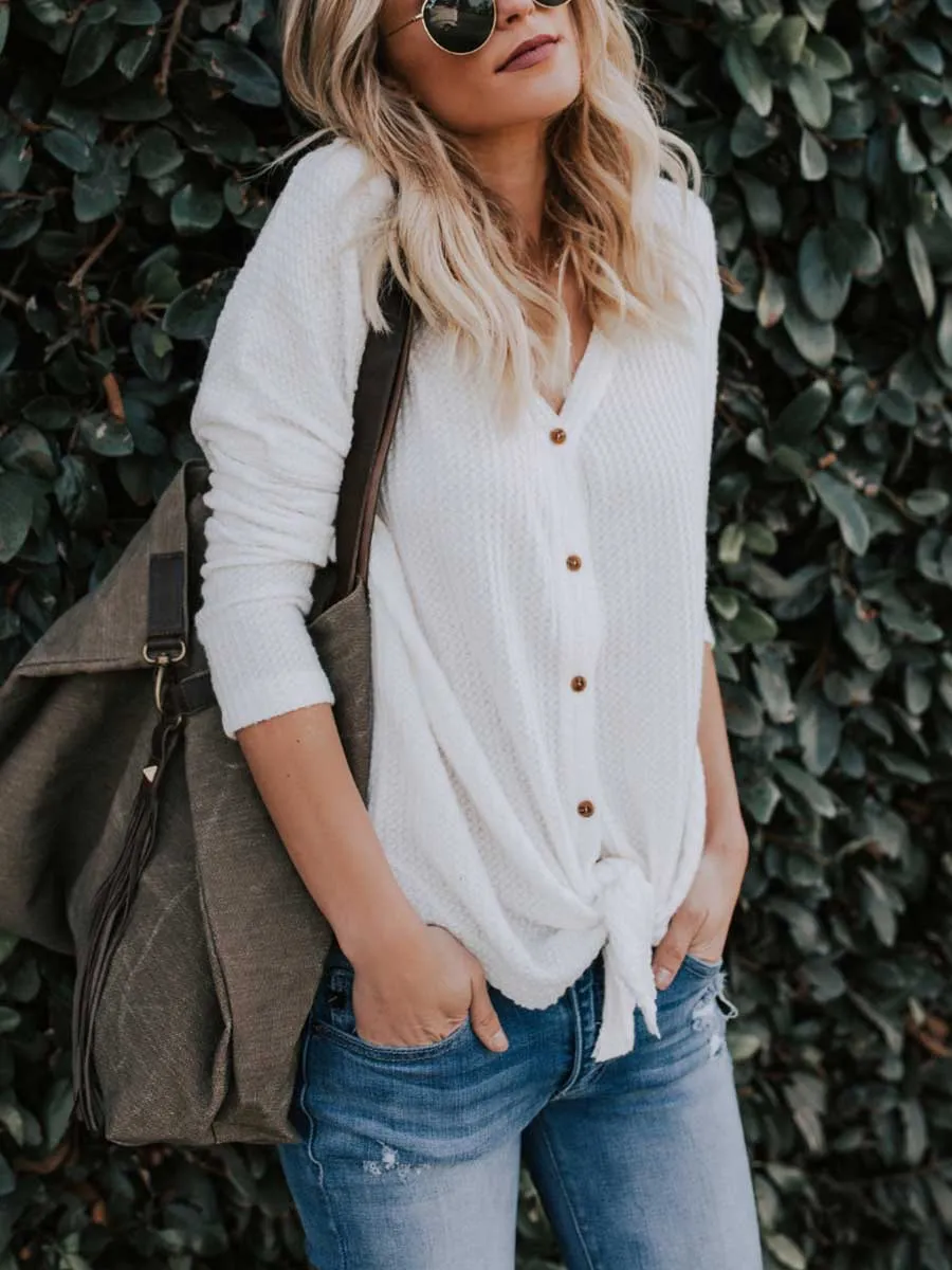 Stunncal Long Sleeve V-Neck Cardigan T-Shirt Bottom Shirt