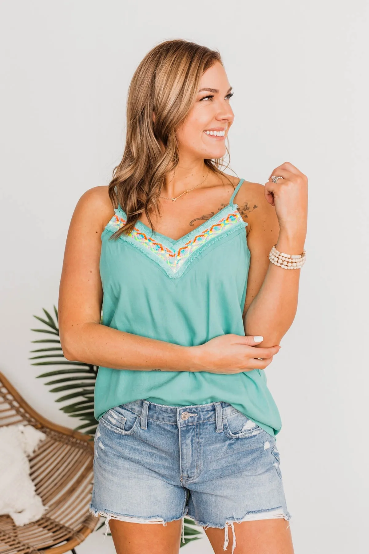The Tropical Life V-Neck Tank Top- Teal