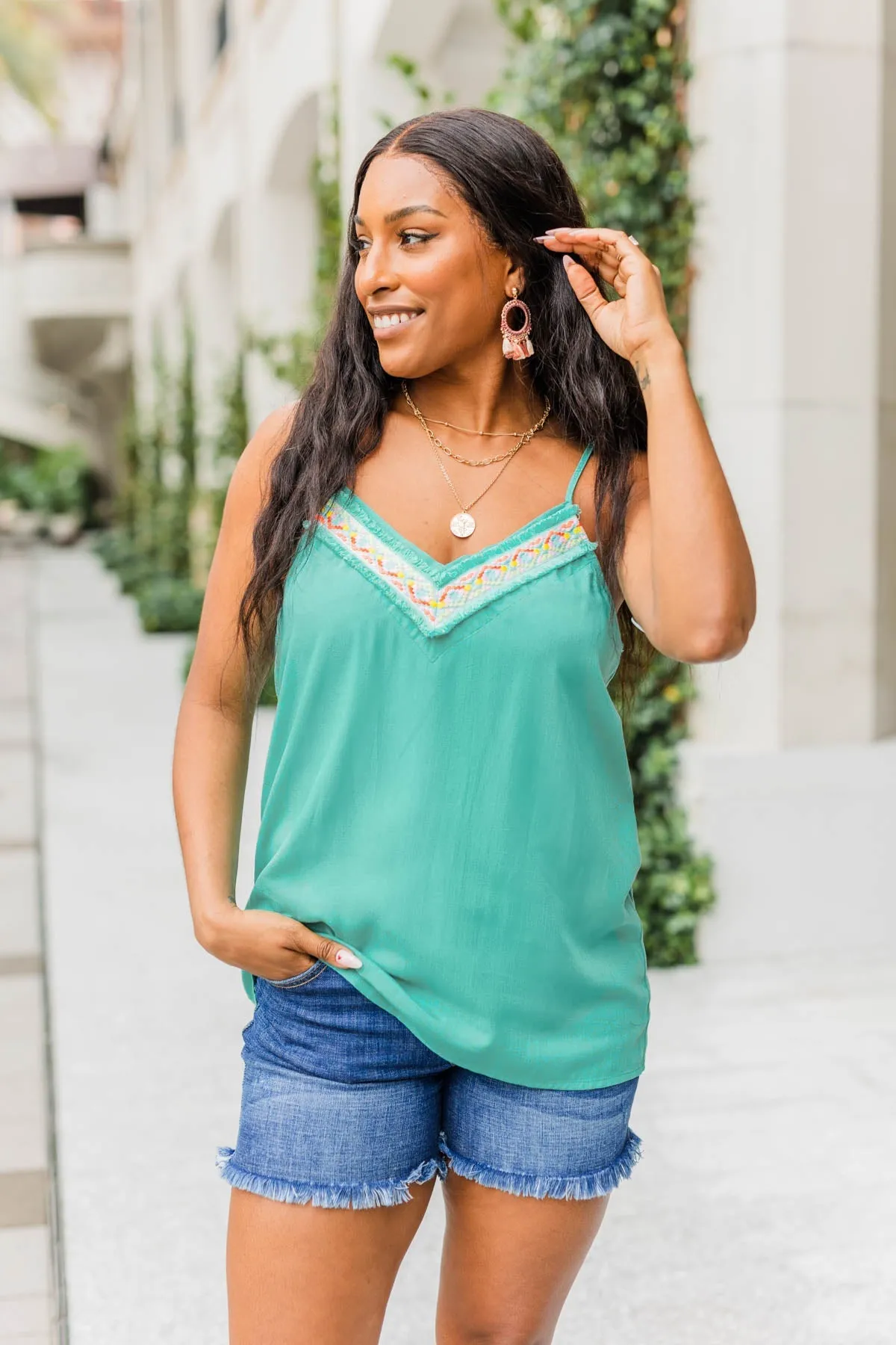 The Tropical Life V-Neck Tank Top- Teal