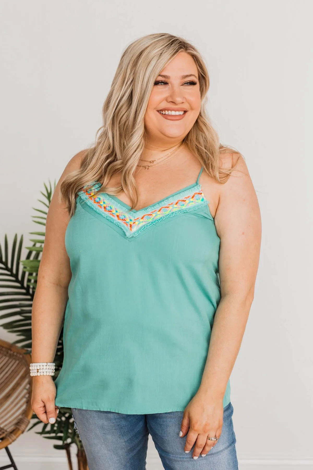The Tropical Life V-Neck Tank Top- Teal
