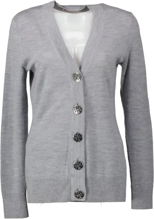 Tory Burch Grey Merino V-neck Cardigan With Silver Logo Buttons UK S