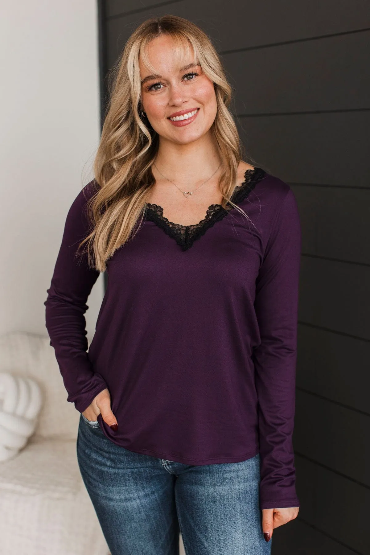 Truly Captivating Lace V-Neck Top- Plum