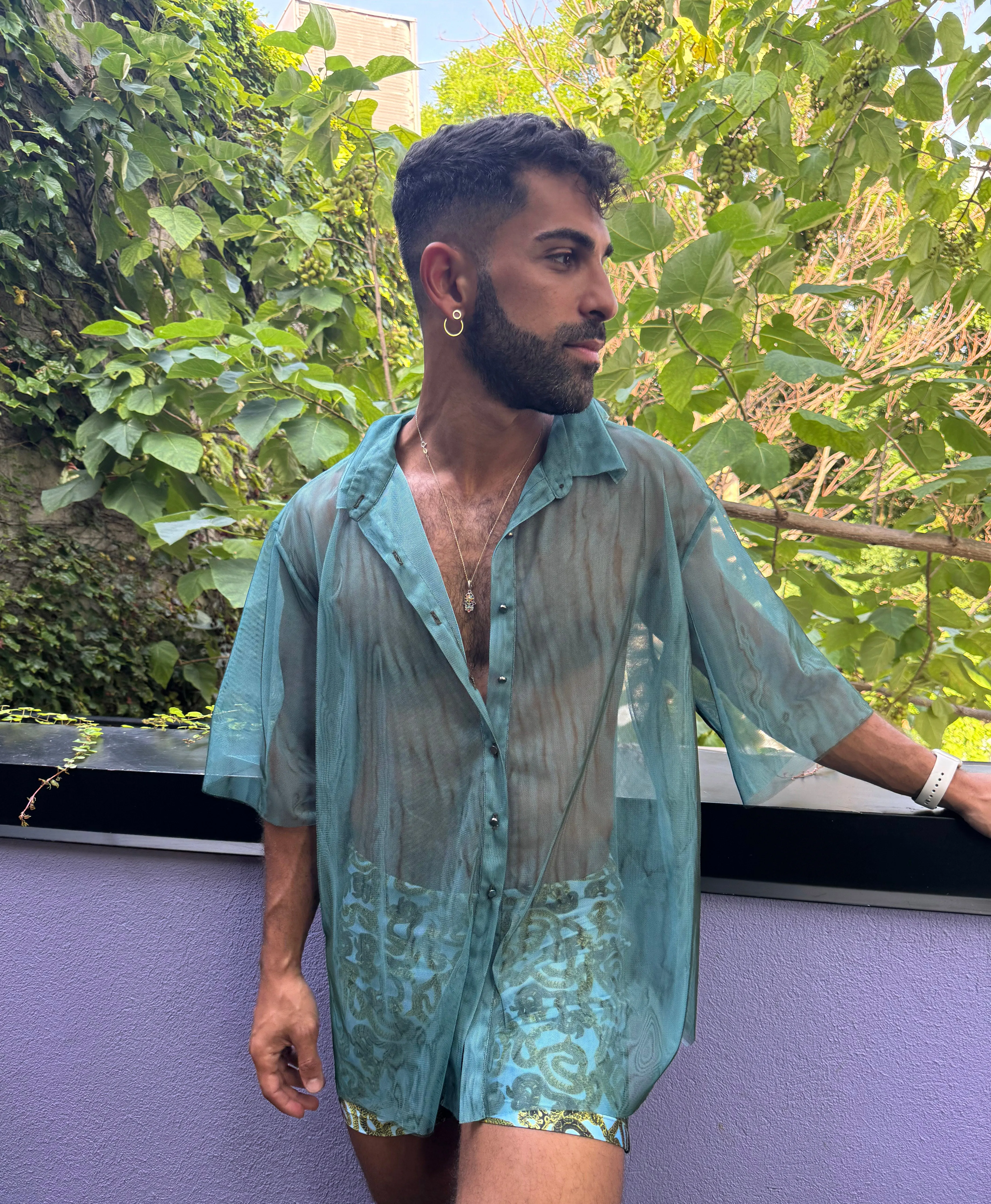 Two Tone Mesh Shirt - Turquoise