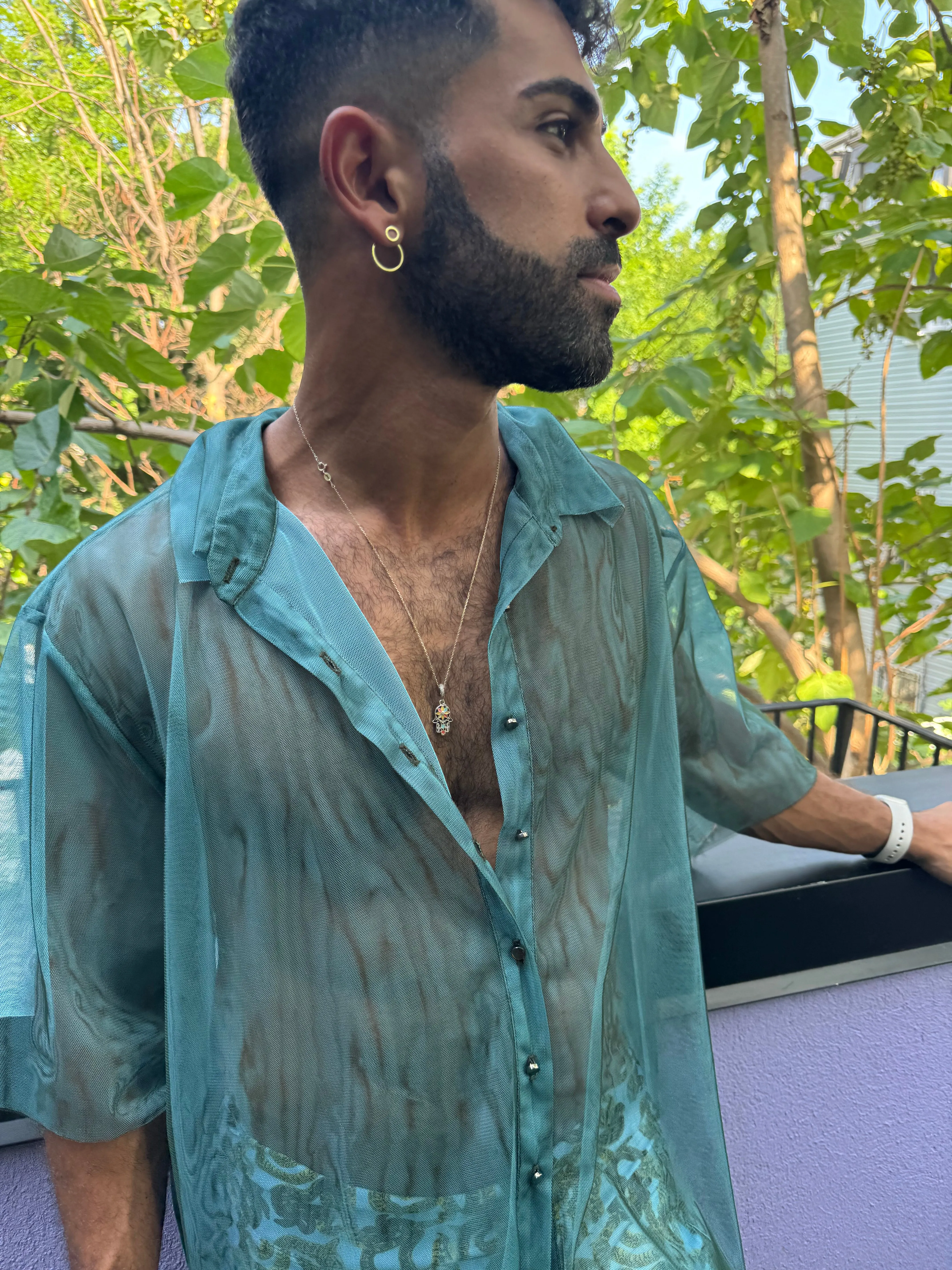 Two Tone Mesh Shirt - Turquoise