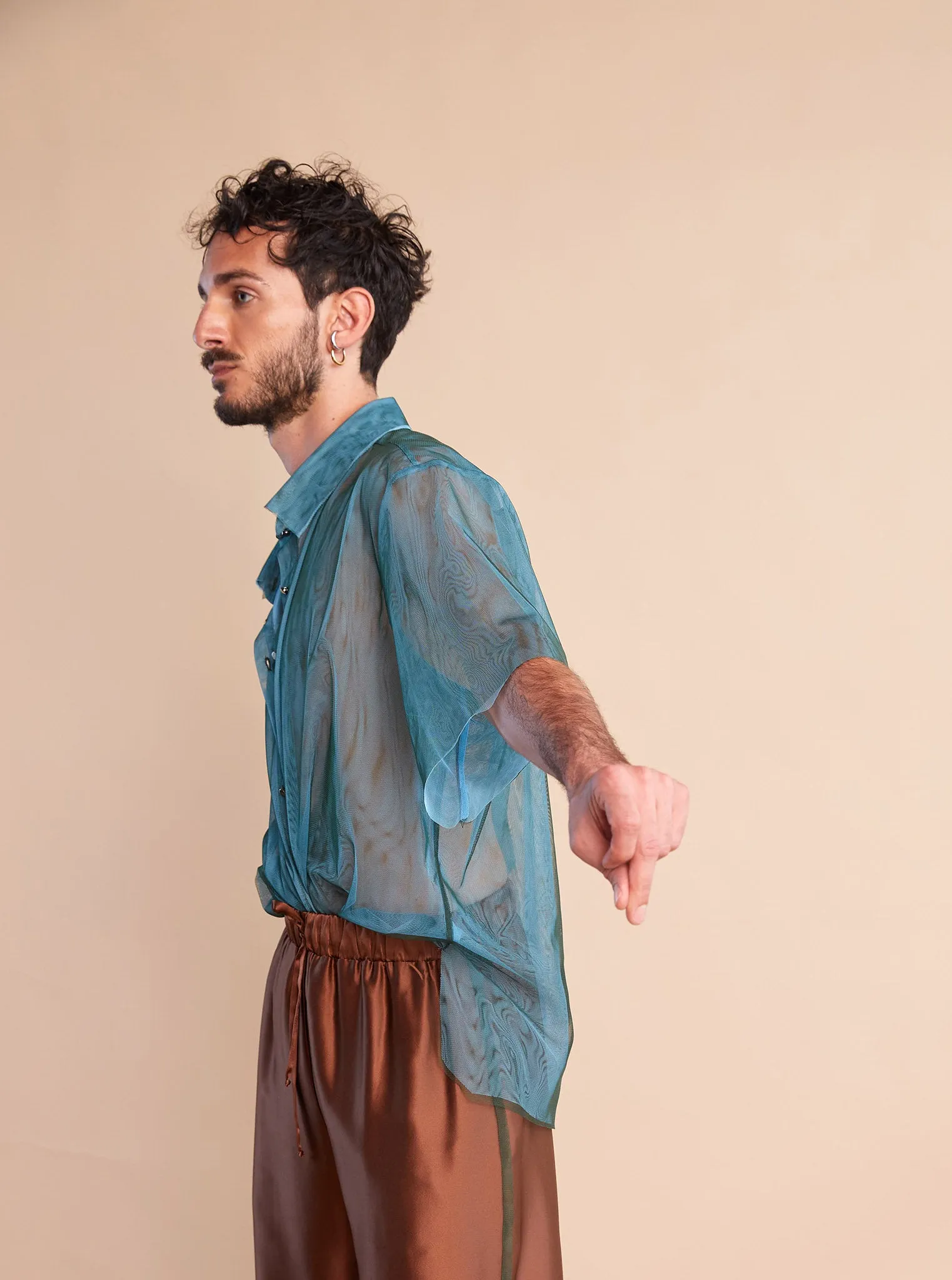Two Tone Mesh Shirt - Turquoise