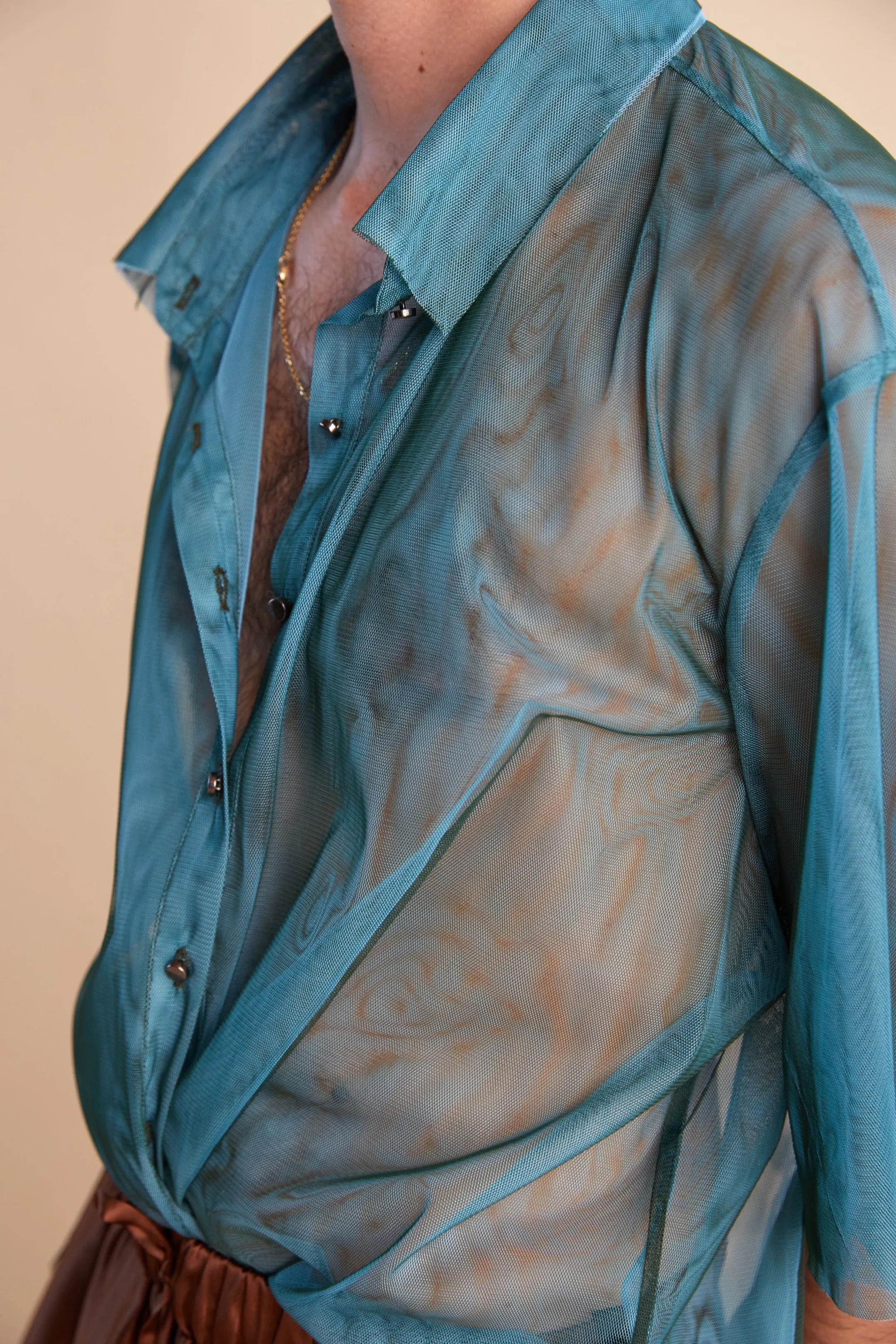 Two Tone Mesh Shirt - Turquoise