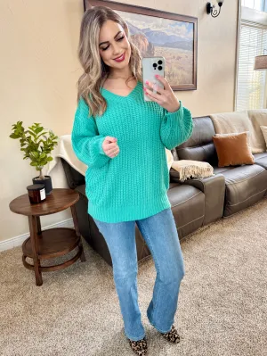 V Neck Knit Sweater In Aqua