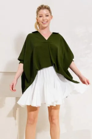 V Neck Oversize Placket Dolman with Collar
