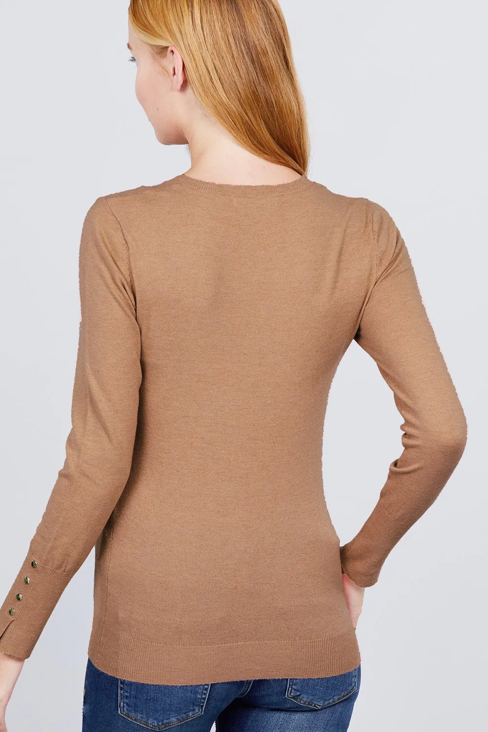V-neck Sweater W/rivet Button