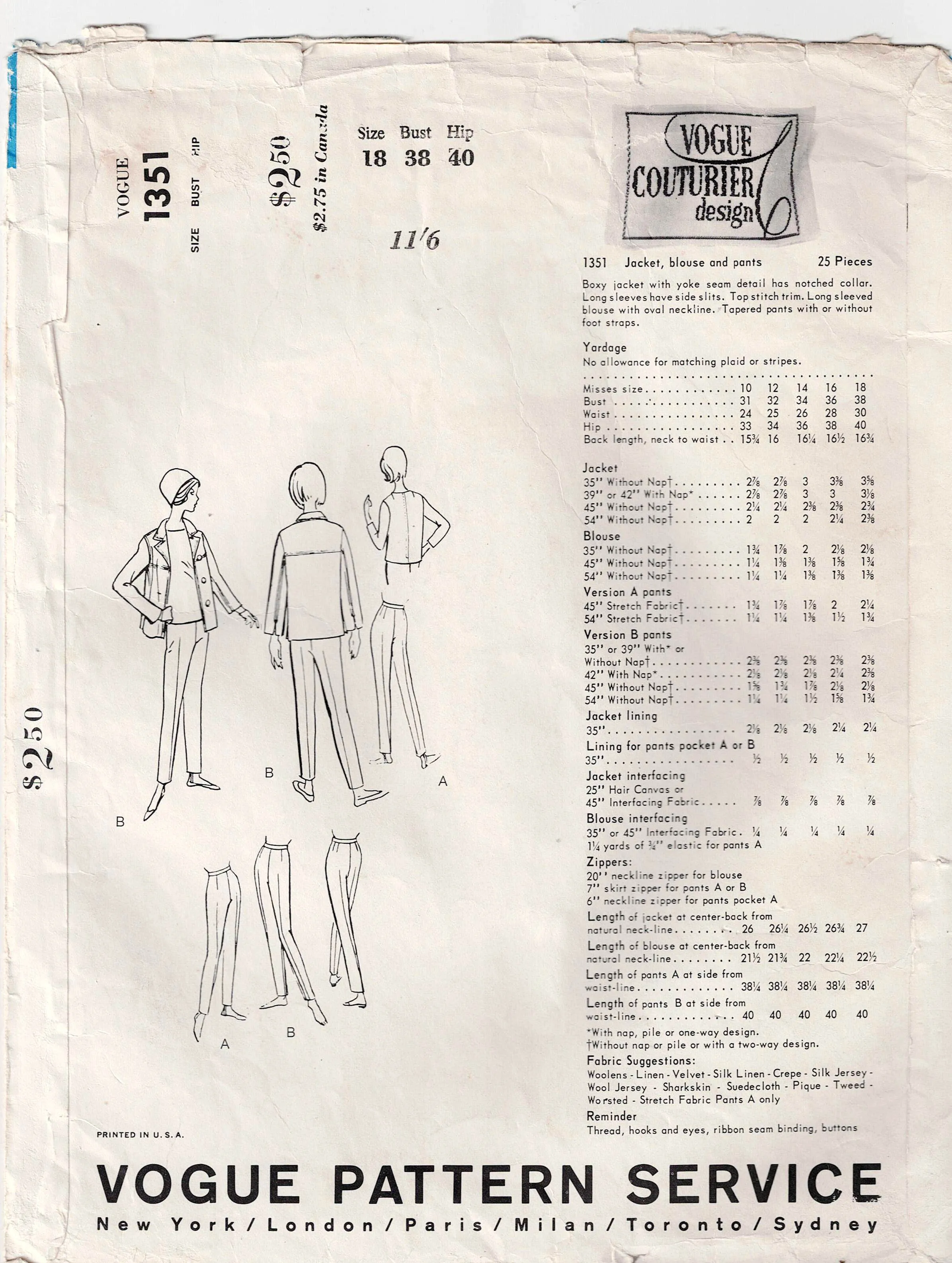 Vogue Couturier Design 1351 EMILIO PUCCI Womens Boxy Jacket Top & Capri Pants 1960s Vintage Sewing Pattern Size 18 Bust 38 Inches