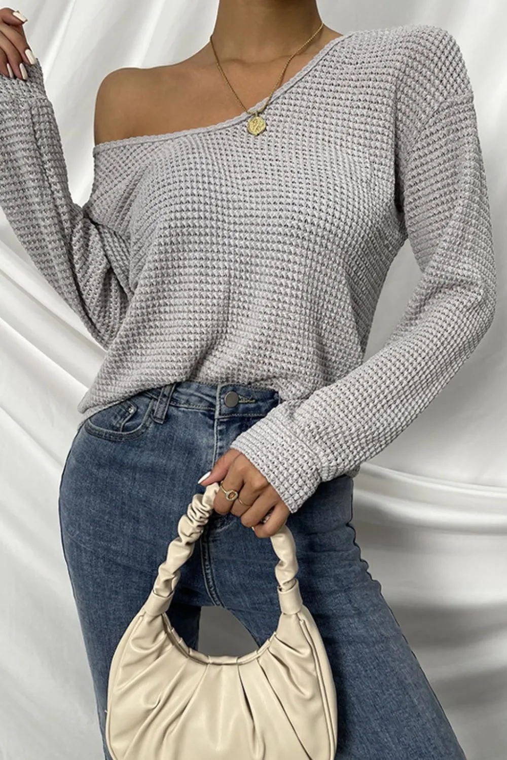 Waffle-Knit V-Neck Drop Shoulder Top