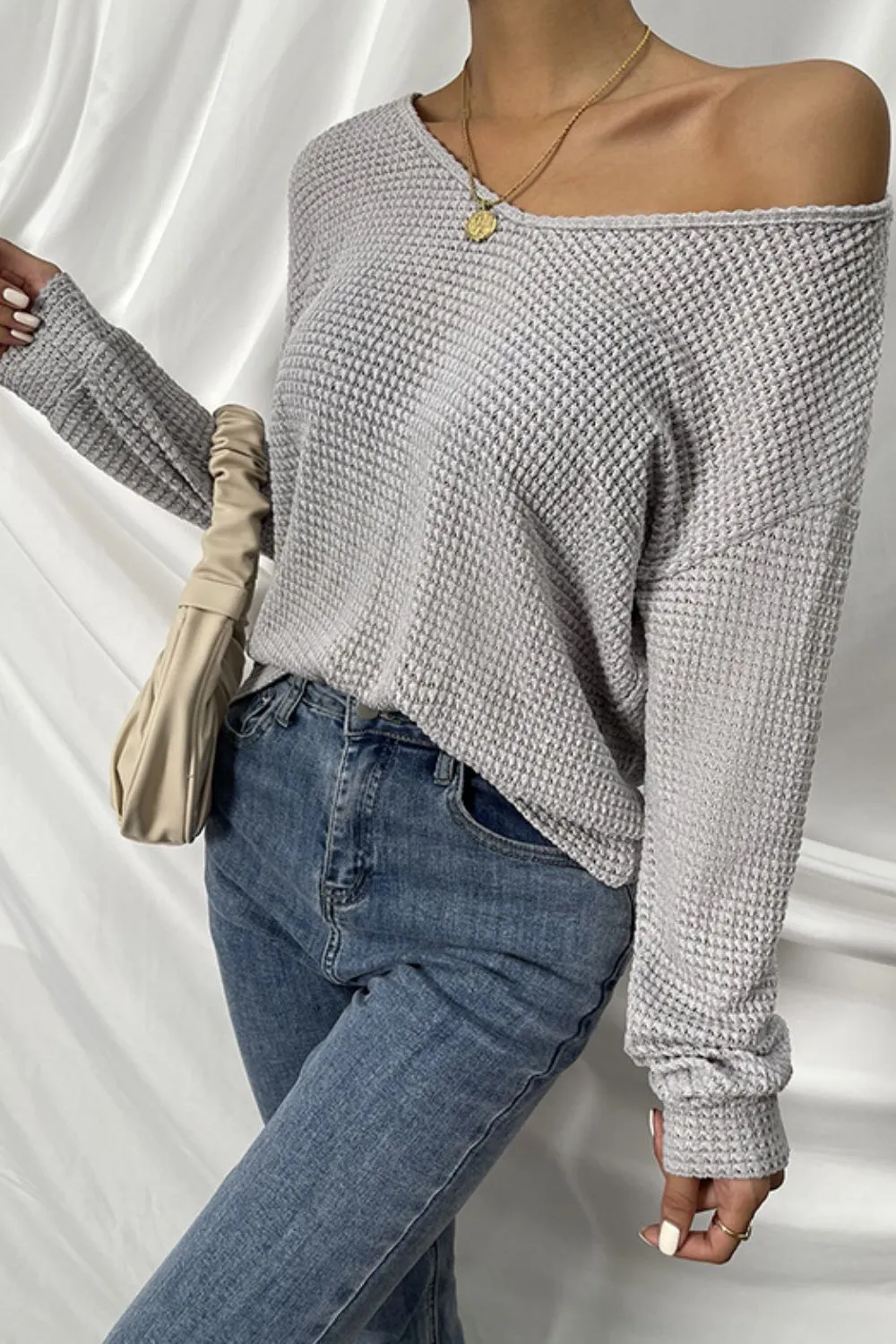 Waffle-Knit V-Neck Drop Shoulder Top