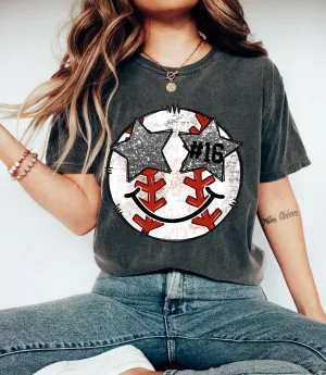 WITH NUMBER Bella Canvas or Comfort Colors Baseball Smiley Star Eyes Print Tee/ Quality Retro Tee