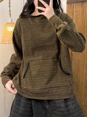 Women Spring Retro Stripe Hooded Sweatshirt