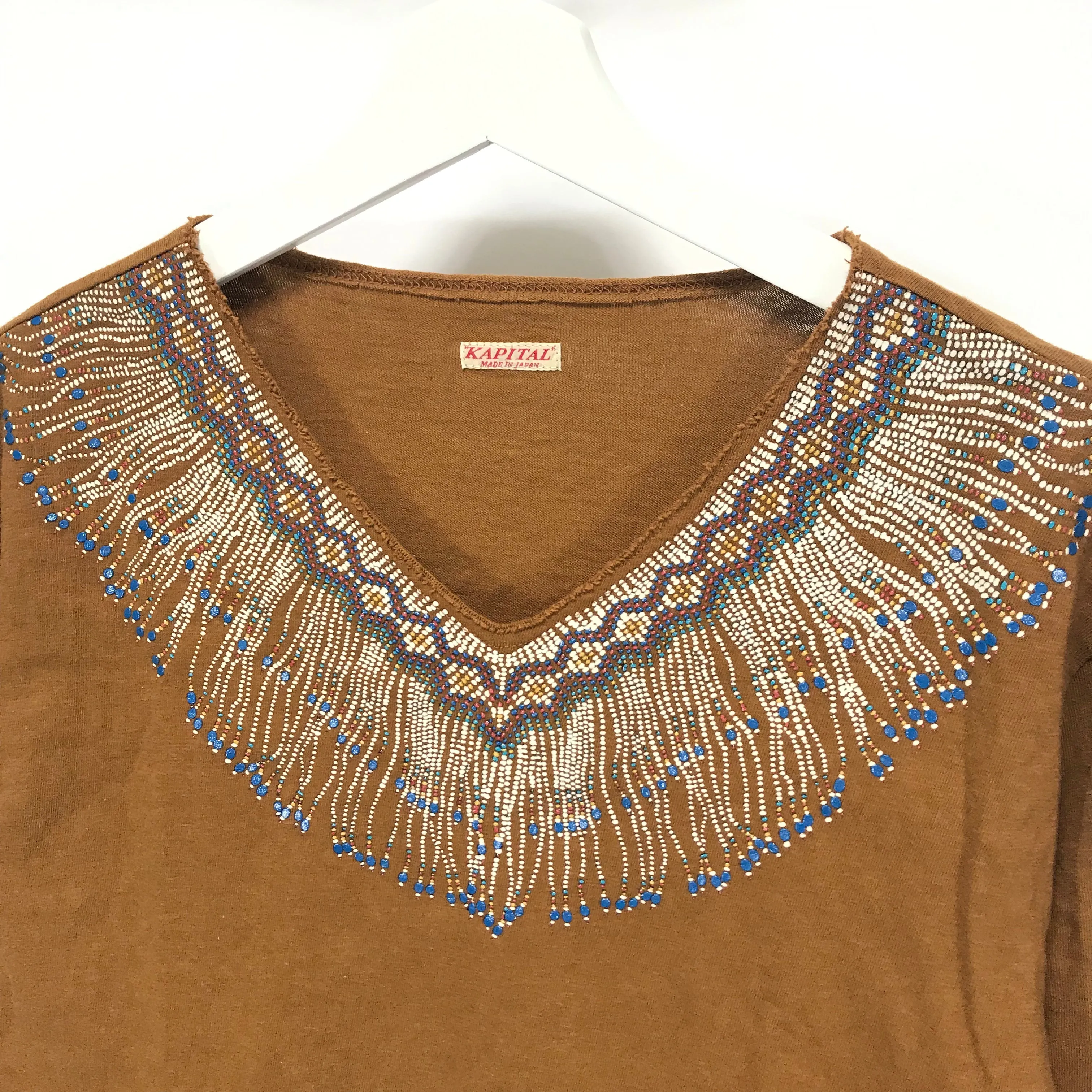[XL] Kapital V Neck Printed Beads LS Tee Shirt